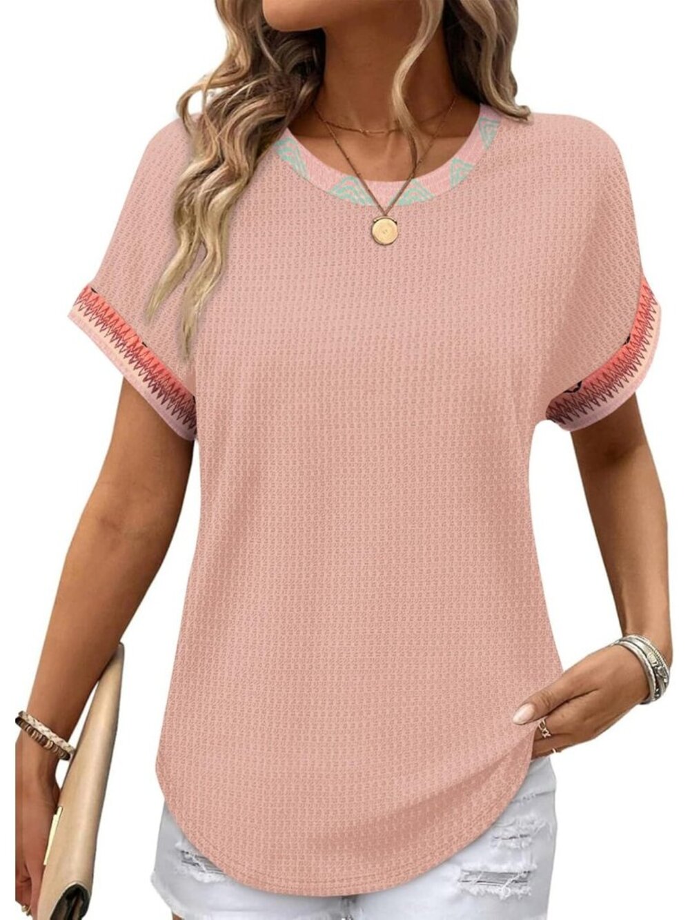 Women's Unique Pink Boho Polyester Blend Short Sleeve V Neck Henley Shirts